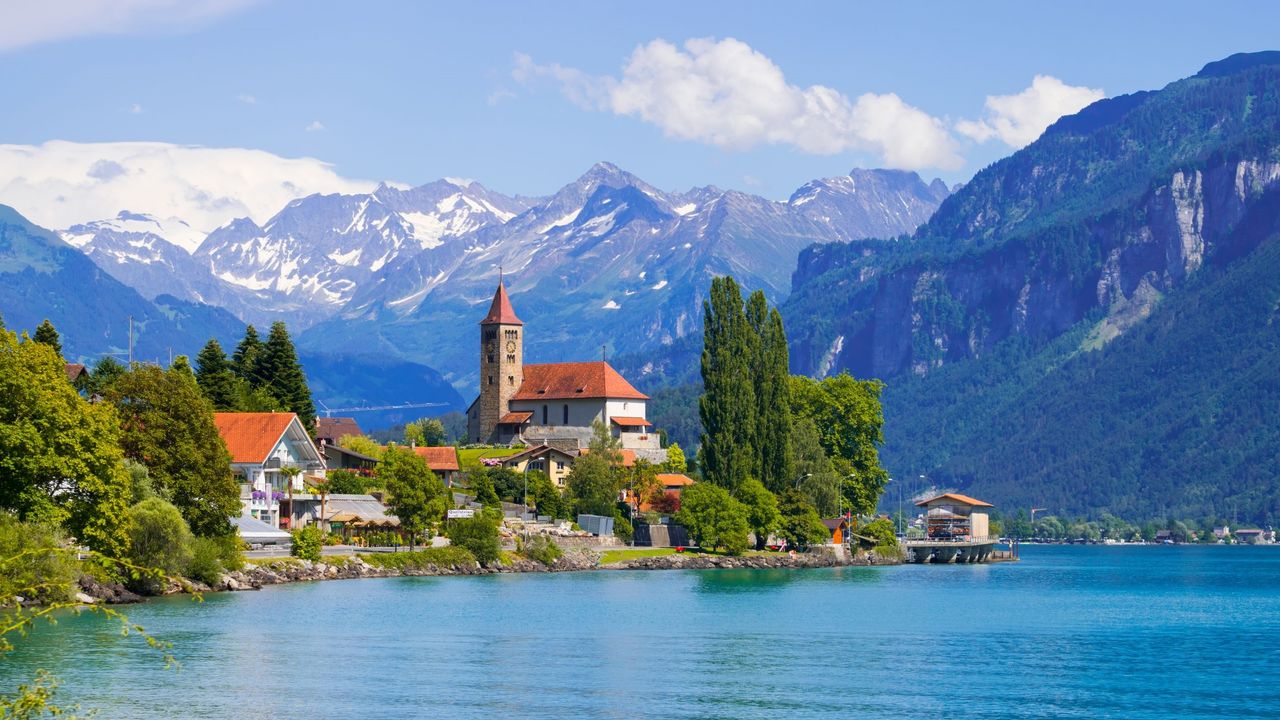 Swiss lake with mountain backdrop